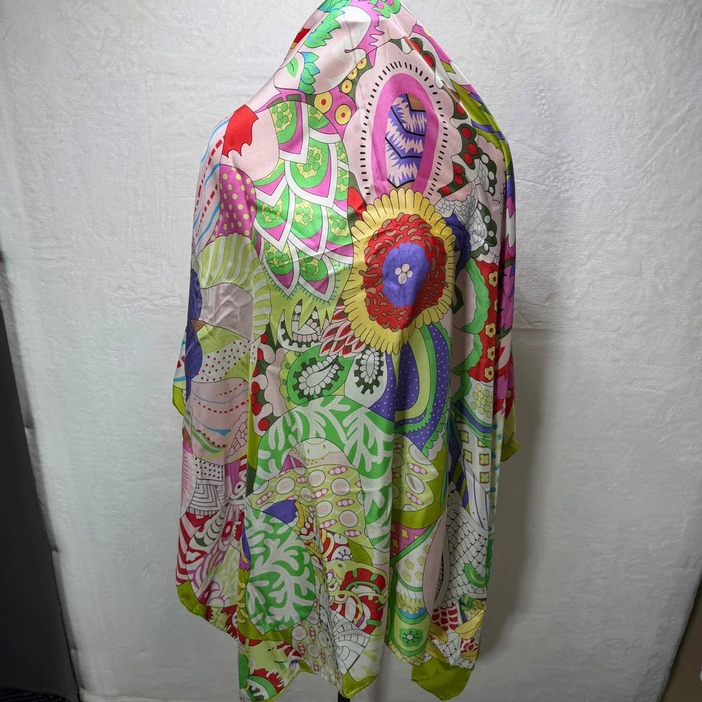 Large‎ Psychedelic Floral Silk Scarf Lime Green Pink Geometric 53x53 Made France